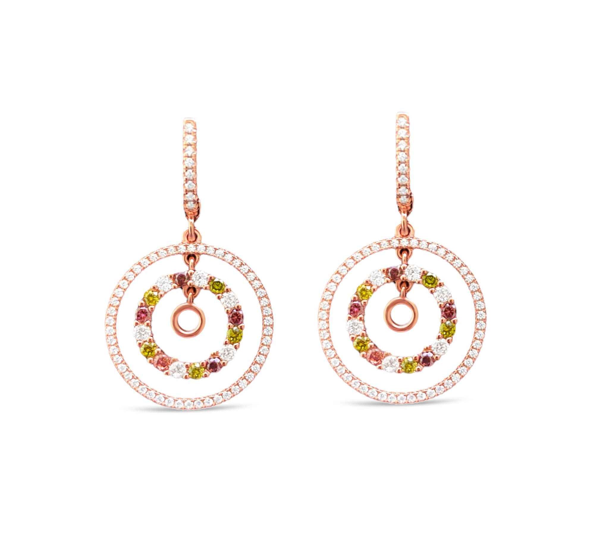 Elegant Halo Drop Earrings with white and deep purple cubic zirconia accents in rose gold finish by Alessandra James.