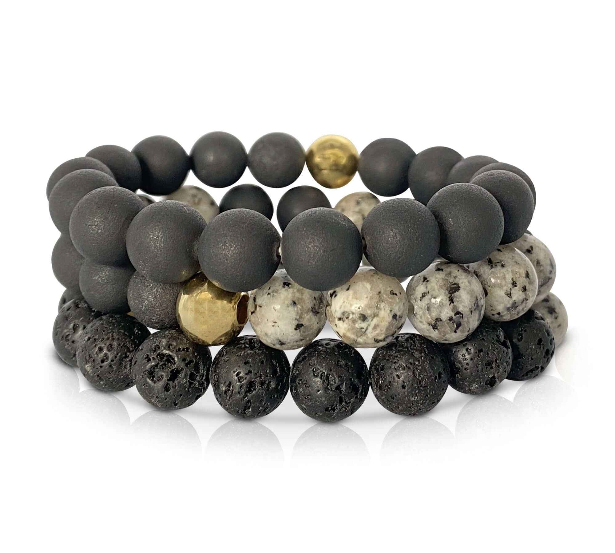 Trio of Black Lava Stone and Druzy Agate Bracelets, showcasing the healing properties of druzy agate crystal.