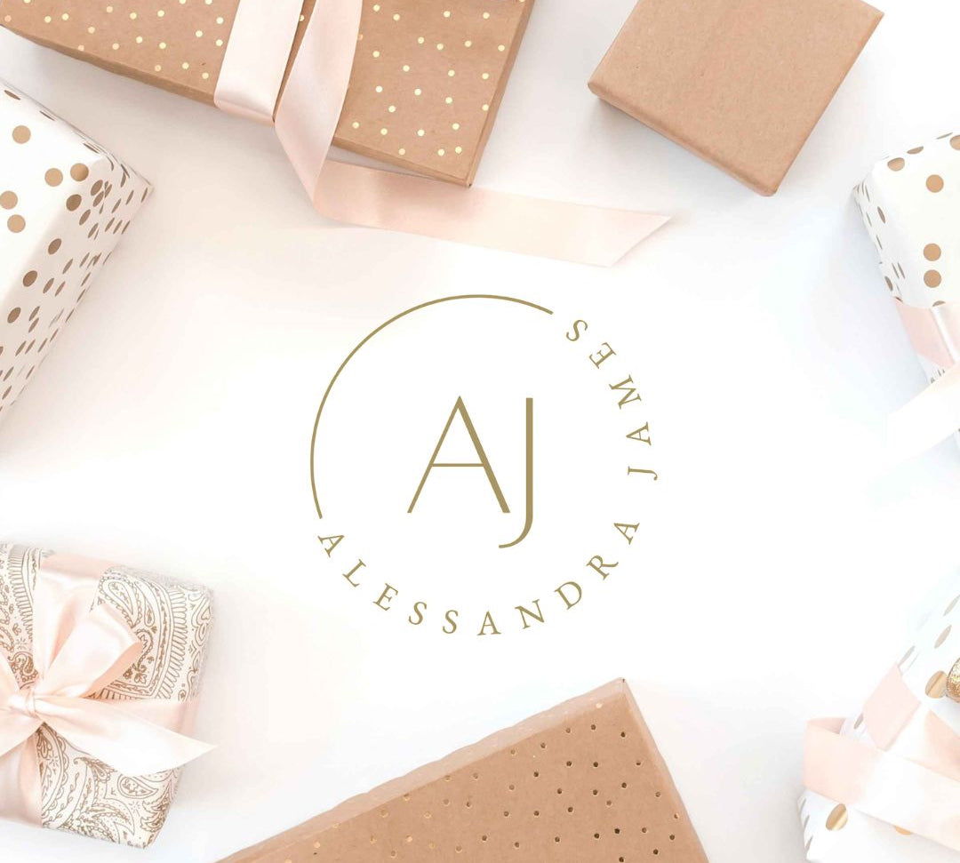 Alessandra James Gift Card showing the logo with beautifully wrapped presents. 