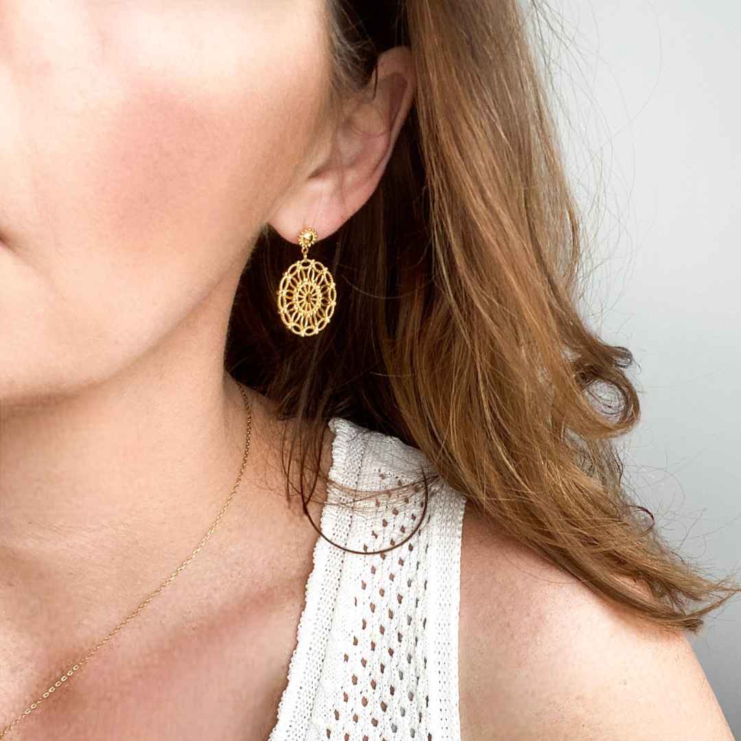 Detailed view of gold Anastasia lace earrings hoops showcasing intricate design.