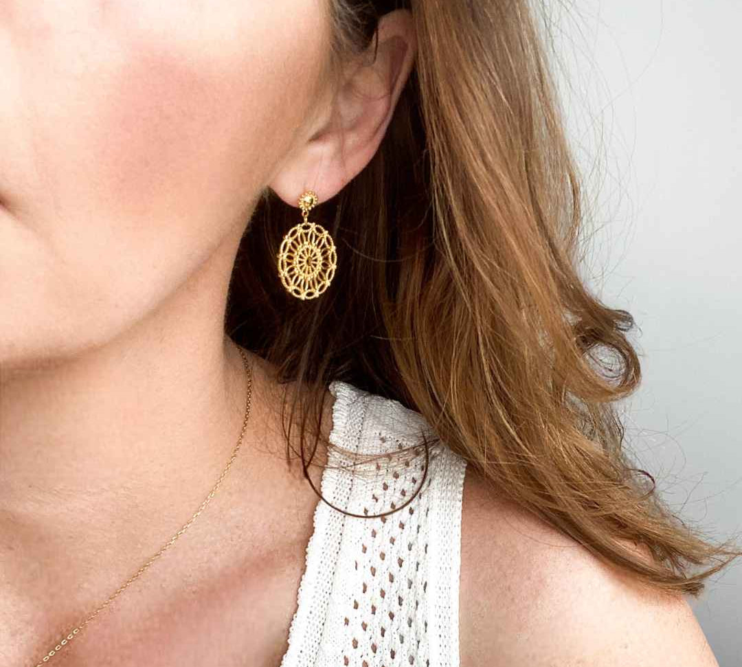 Detailed view of gold Anastasia lace earrings hoops showcasing intricate design.