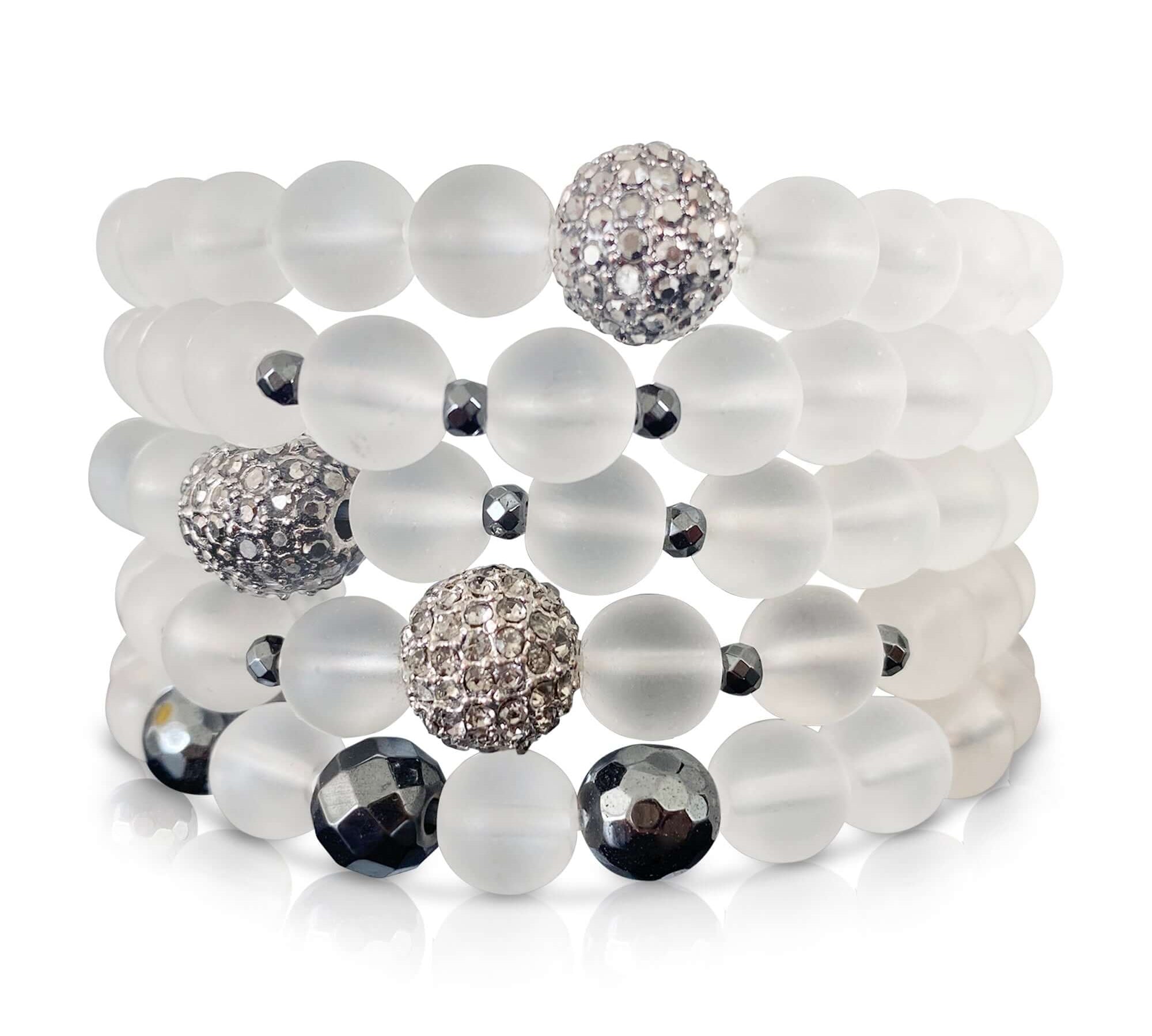 Stacked set of 5 frosted gunmetal pave bracelet with hematite accents by Alessandra James.