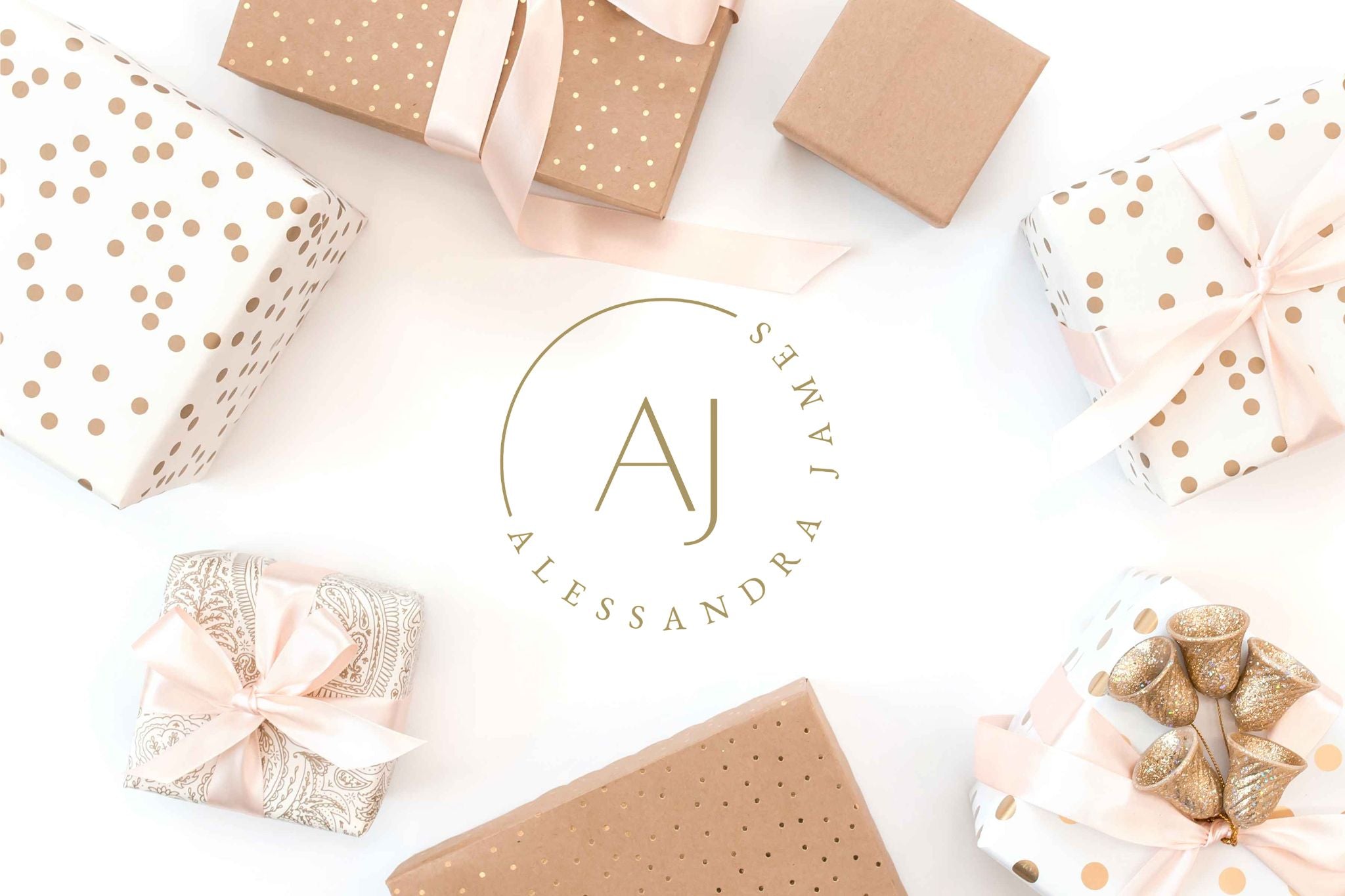 Alessandra James Gift Card showing the logo with beautifully wrapped presents. 