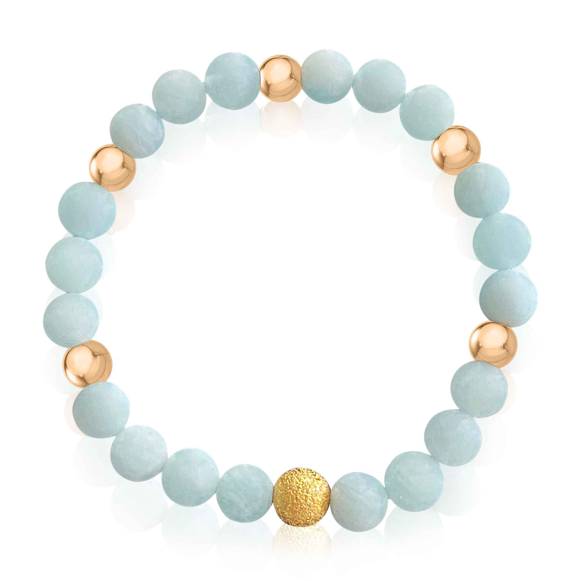 Close-up view of women's Aquamarine and Gold Beaded Bracelet set by Alessandra James.