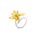 Sophisticated Iris Cocktail Ring in Gold showcasing intricate leaf-like band design and handcrafted petals.