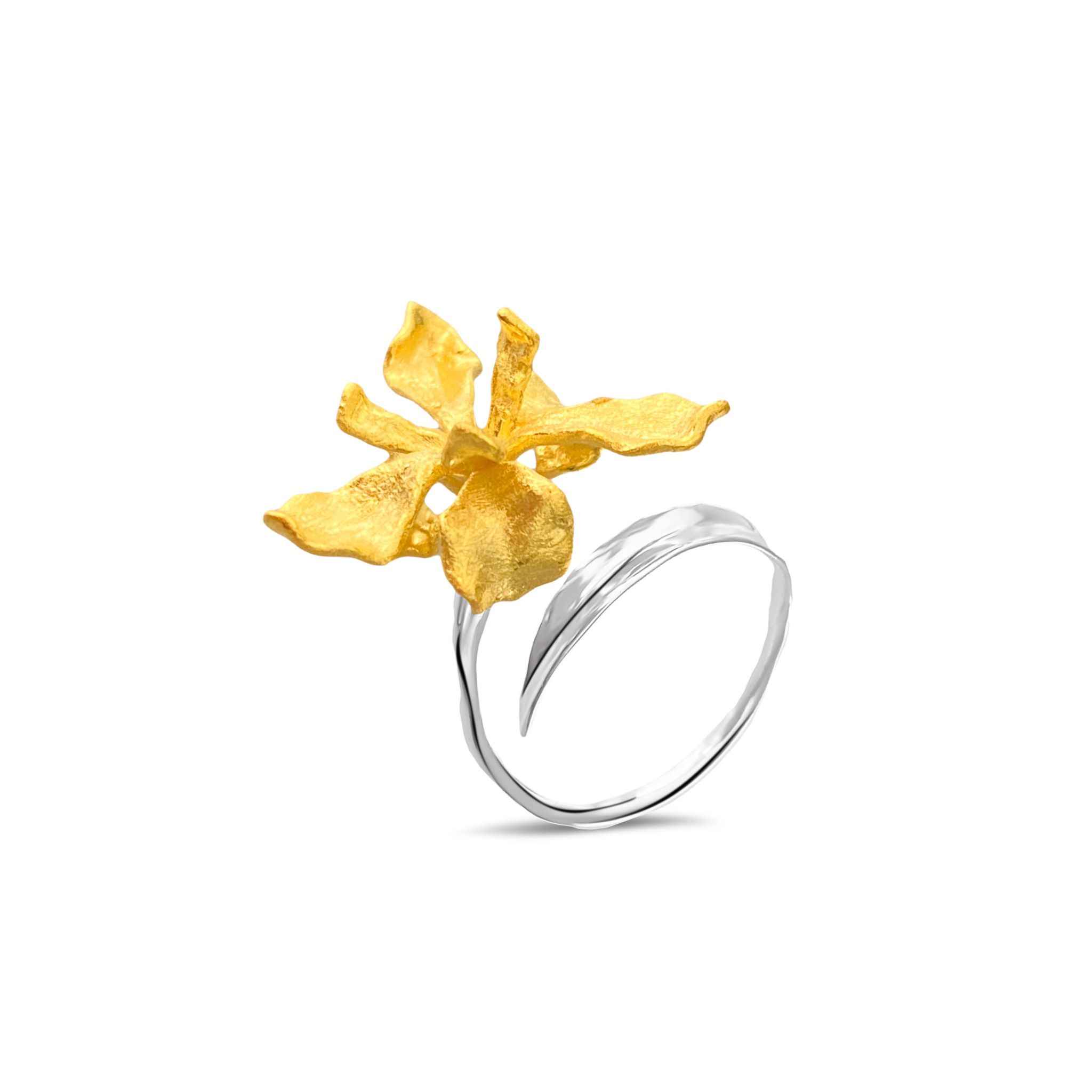 Sophisticated Iris Cocktail Ring in Gold showcasing intricate leaf-like band design and handcrafted petals.