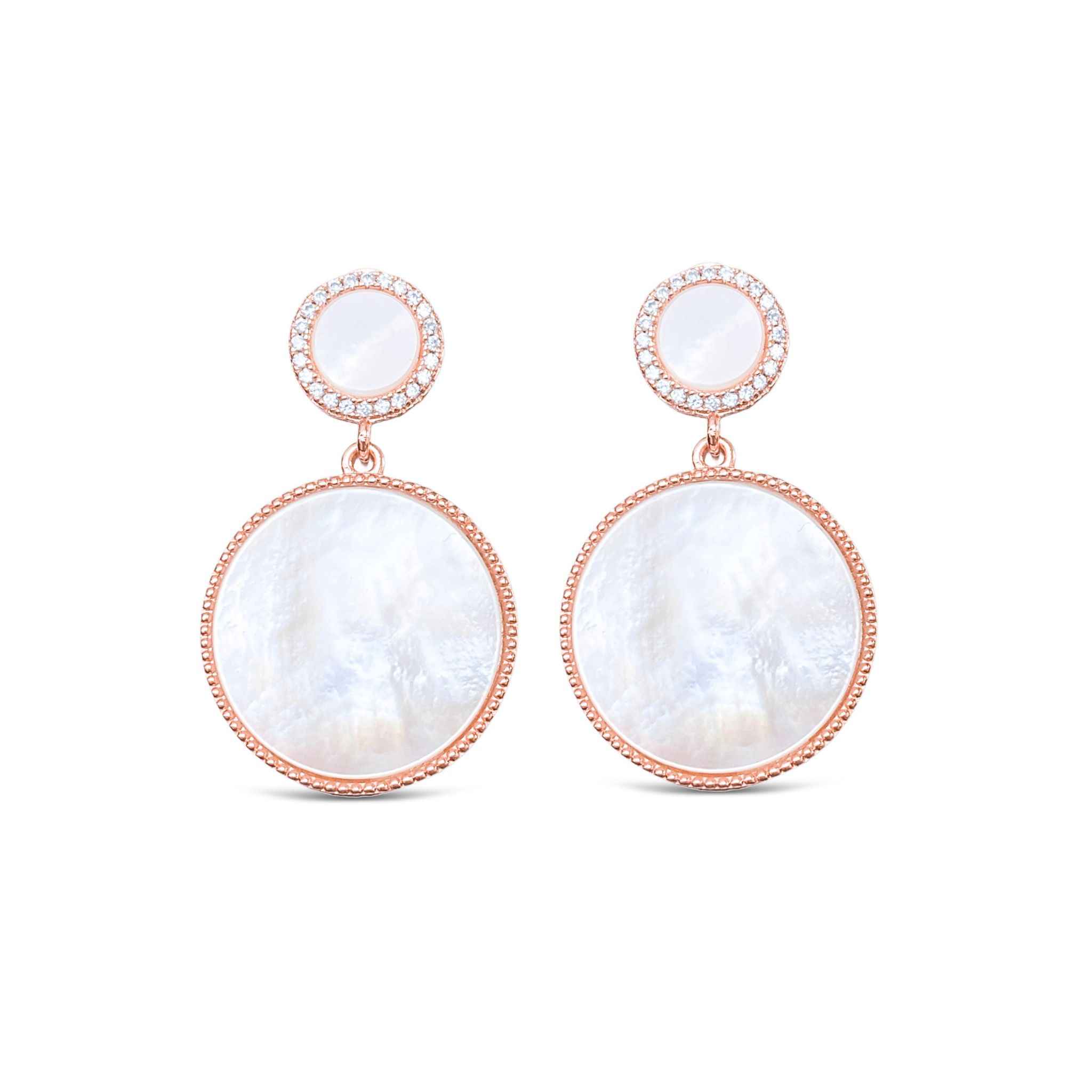 Elegant rose gold Mother of Pearl drop earrings with scalloped edging and cubic zirconia accents by Alessandra James.
