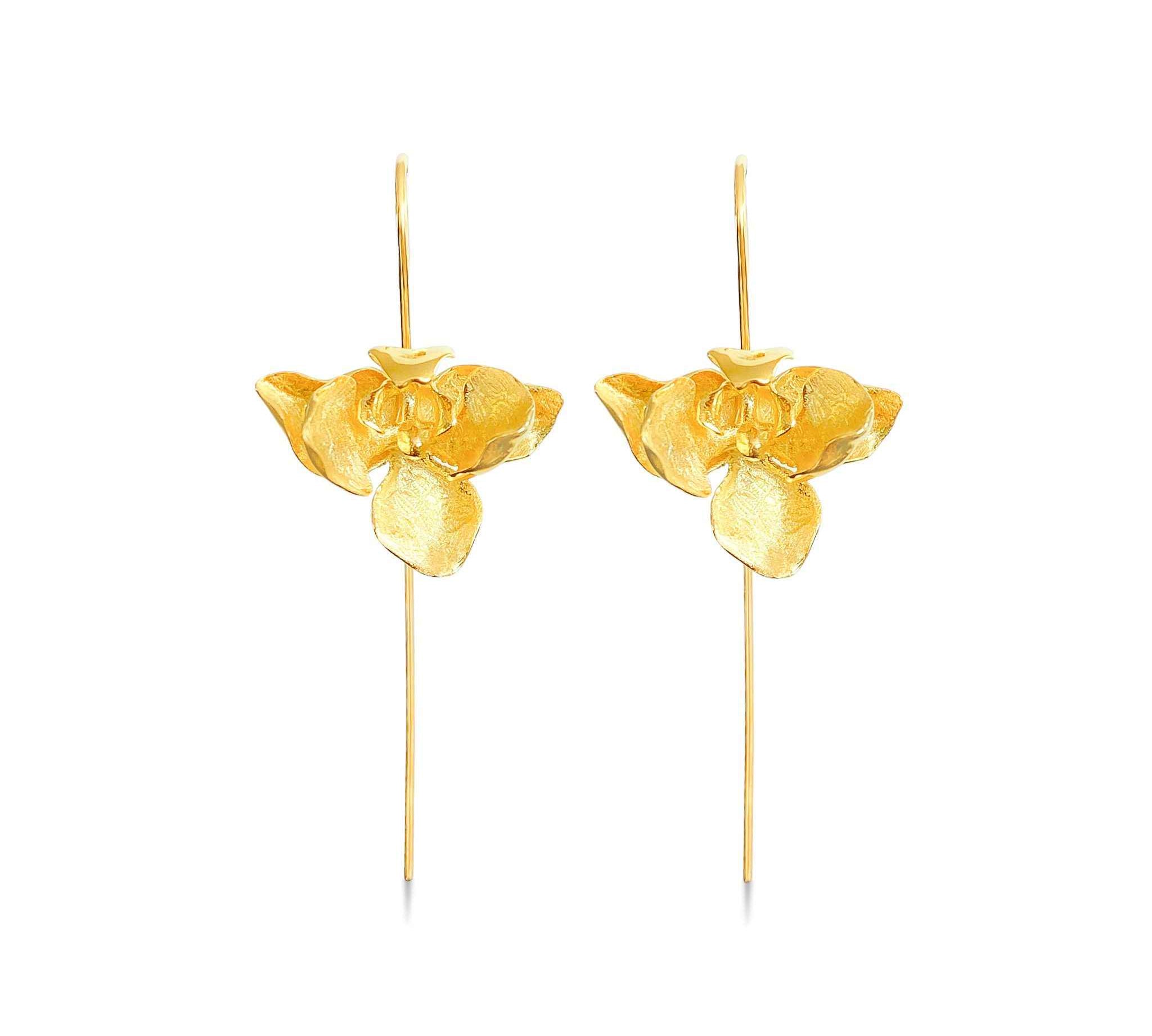 Elegant Women's Orchid Drop Earrings in Gold, handcrafted with sterling silver and plated with 18k gold.  
