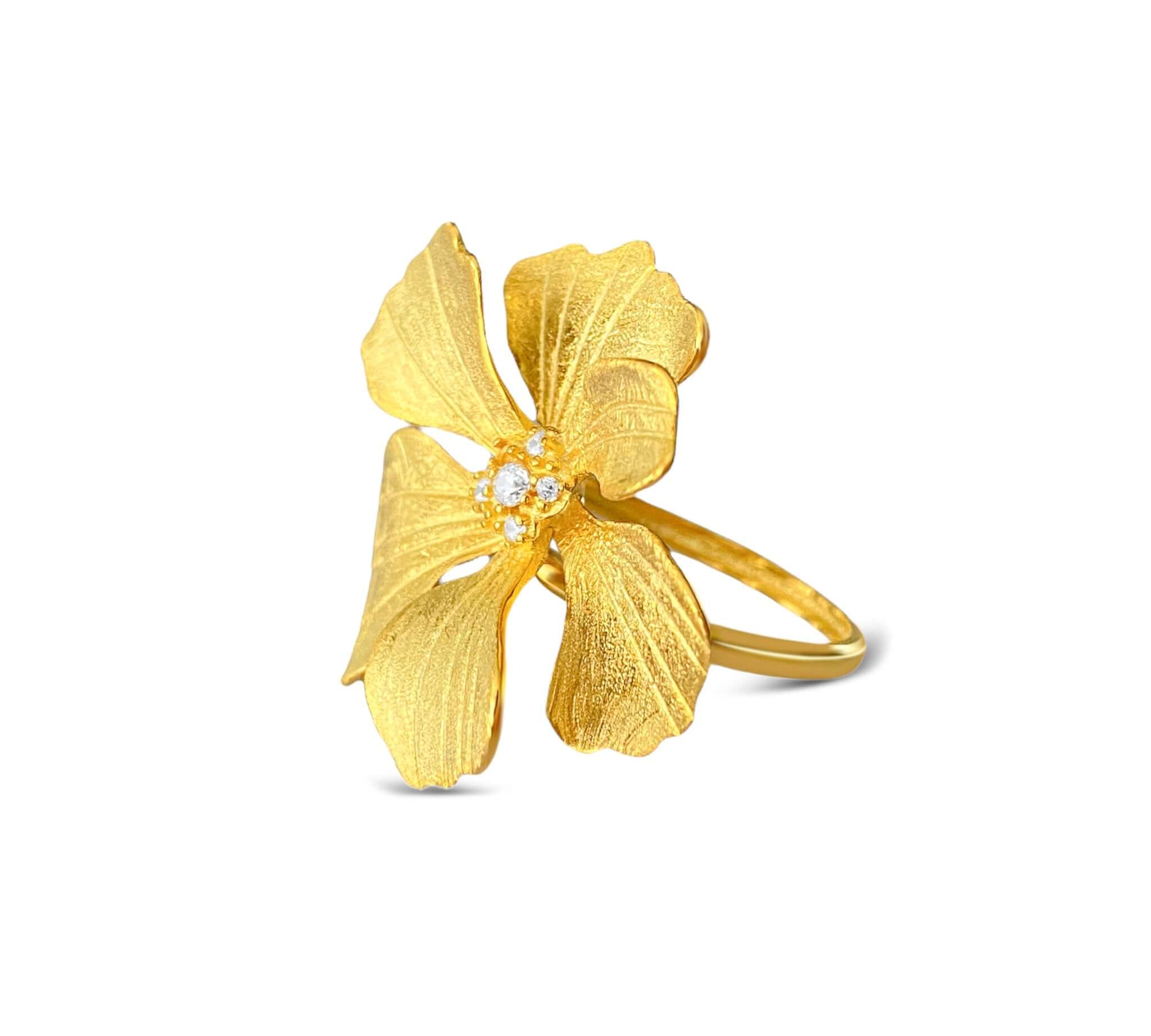 Delicate gold Peony Cocktail Ring with intricate petal detailing by Alessandra James.