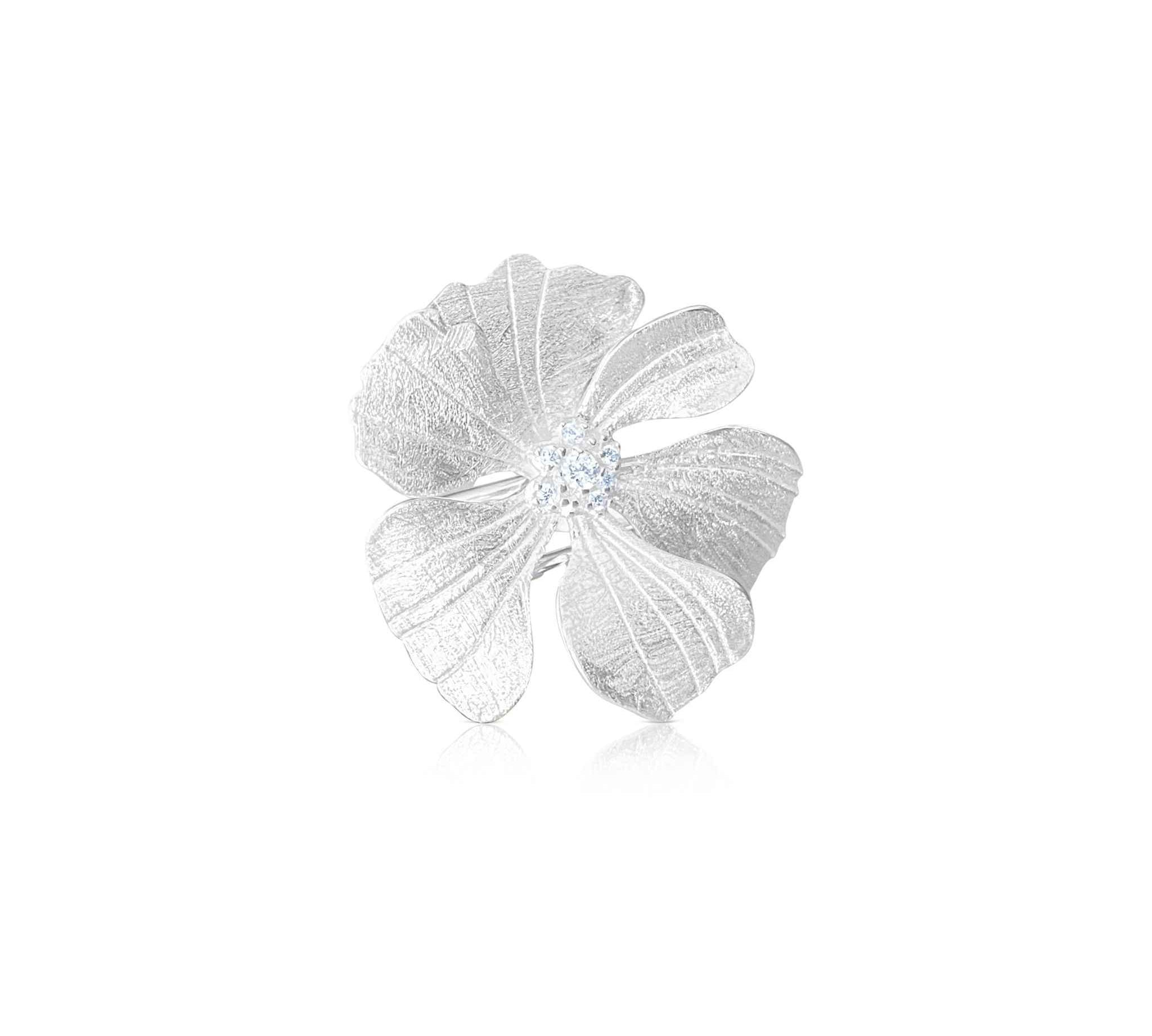 Stylish Peony Cocktail Ring in Silver showcasing intricate petal detailing - Alessandra James.