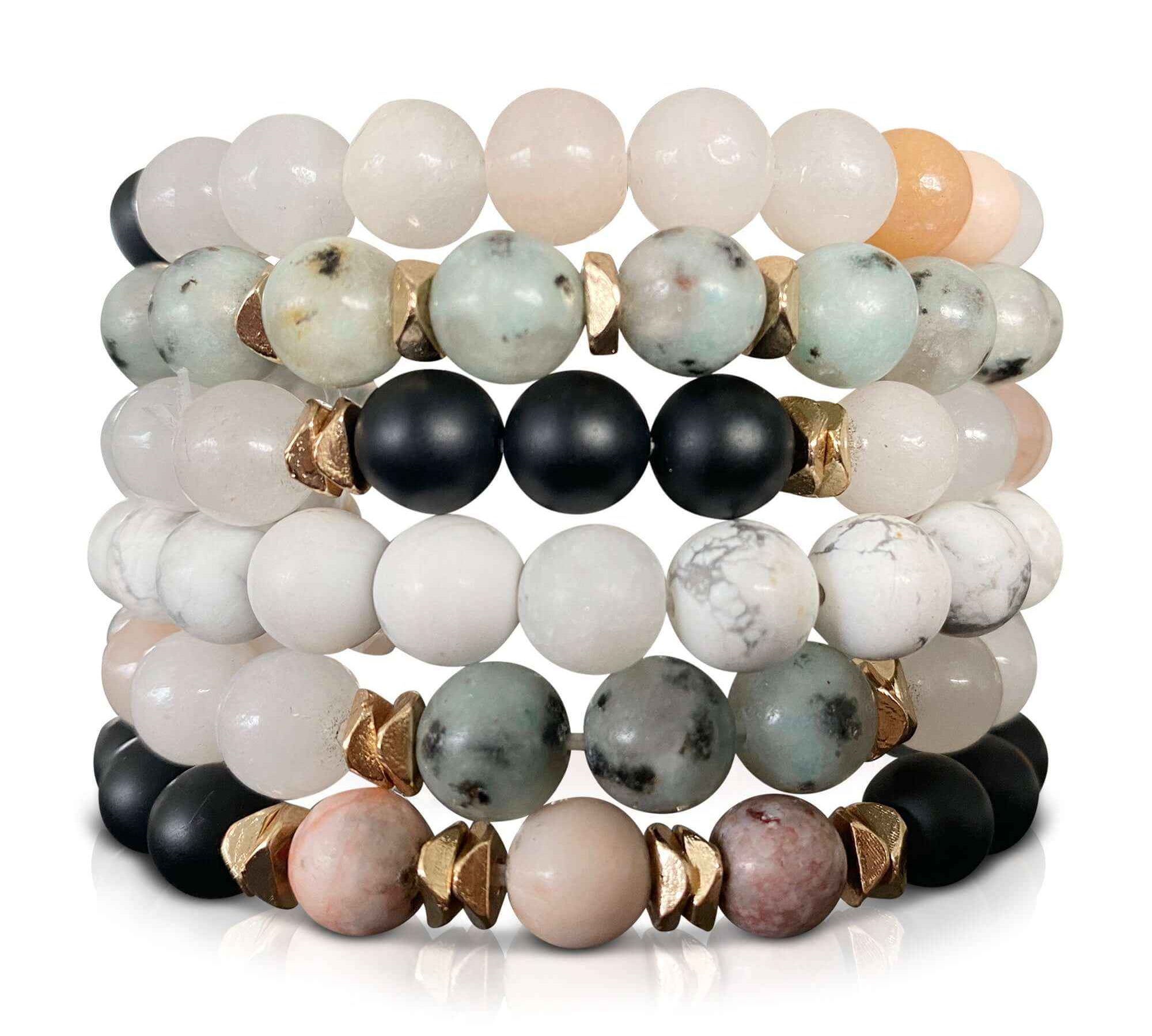 Black Agate and Sesame Stacking Bracelets Set of 6 showcasing natural textures and colors.