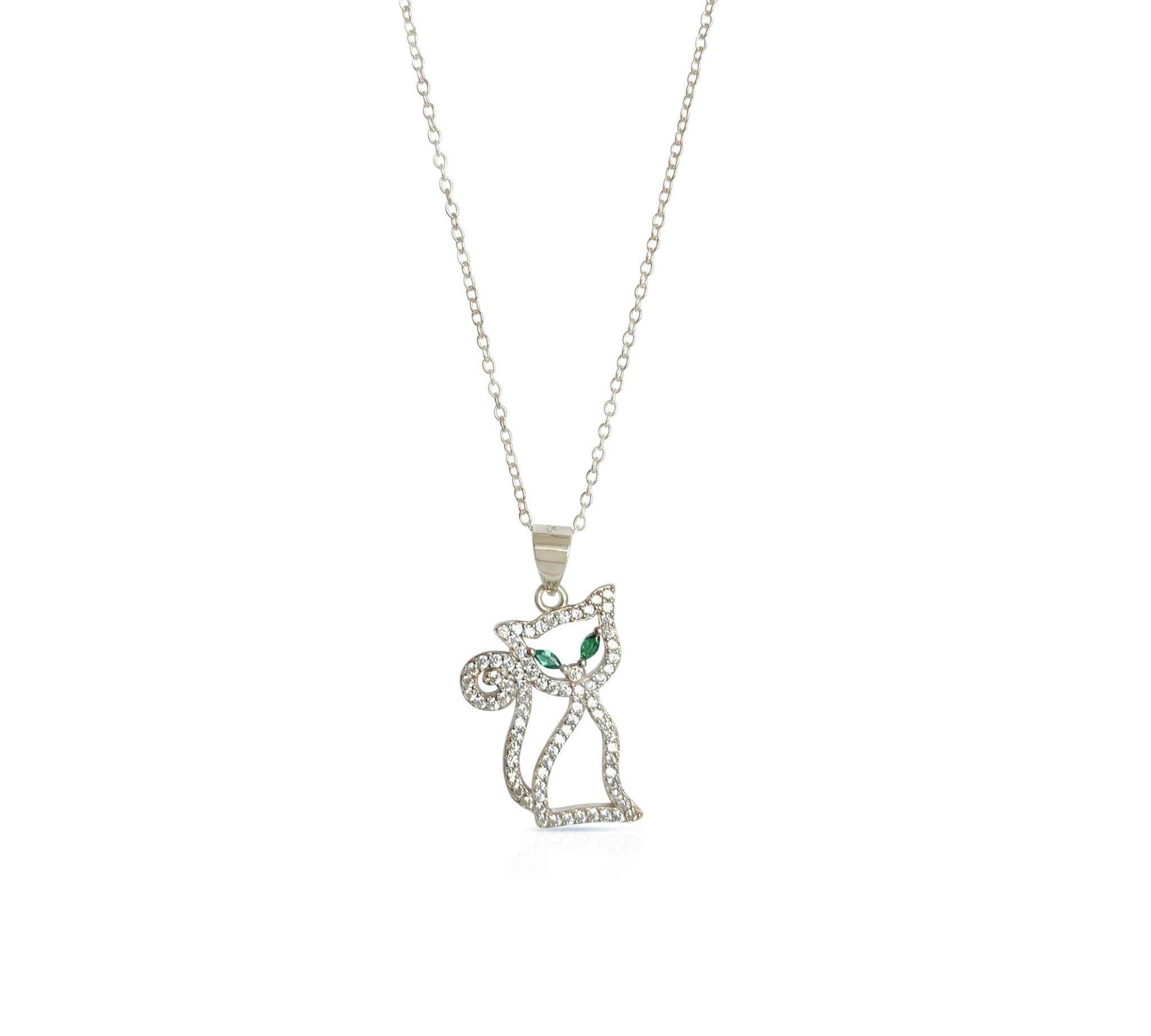 Fashionable cat pendant necklace, featuring bright zircons and captivating green eyes, a perfect accessory for feline enthusiasts.