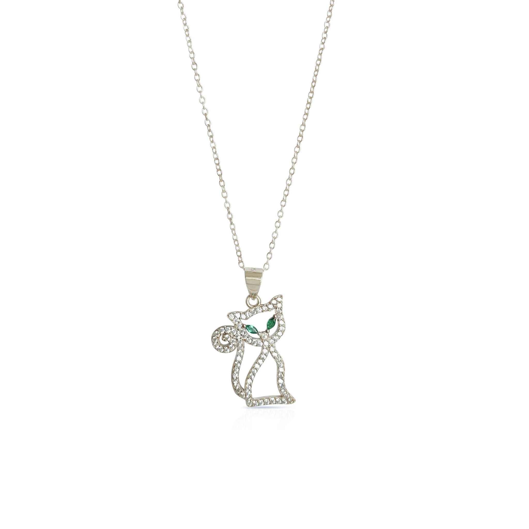 Fashionable cat pendant necklace, featuring bright zircons and captivating green eyes, a perfect accessory for feline enthusiasts.