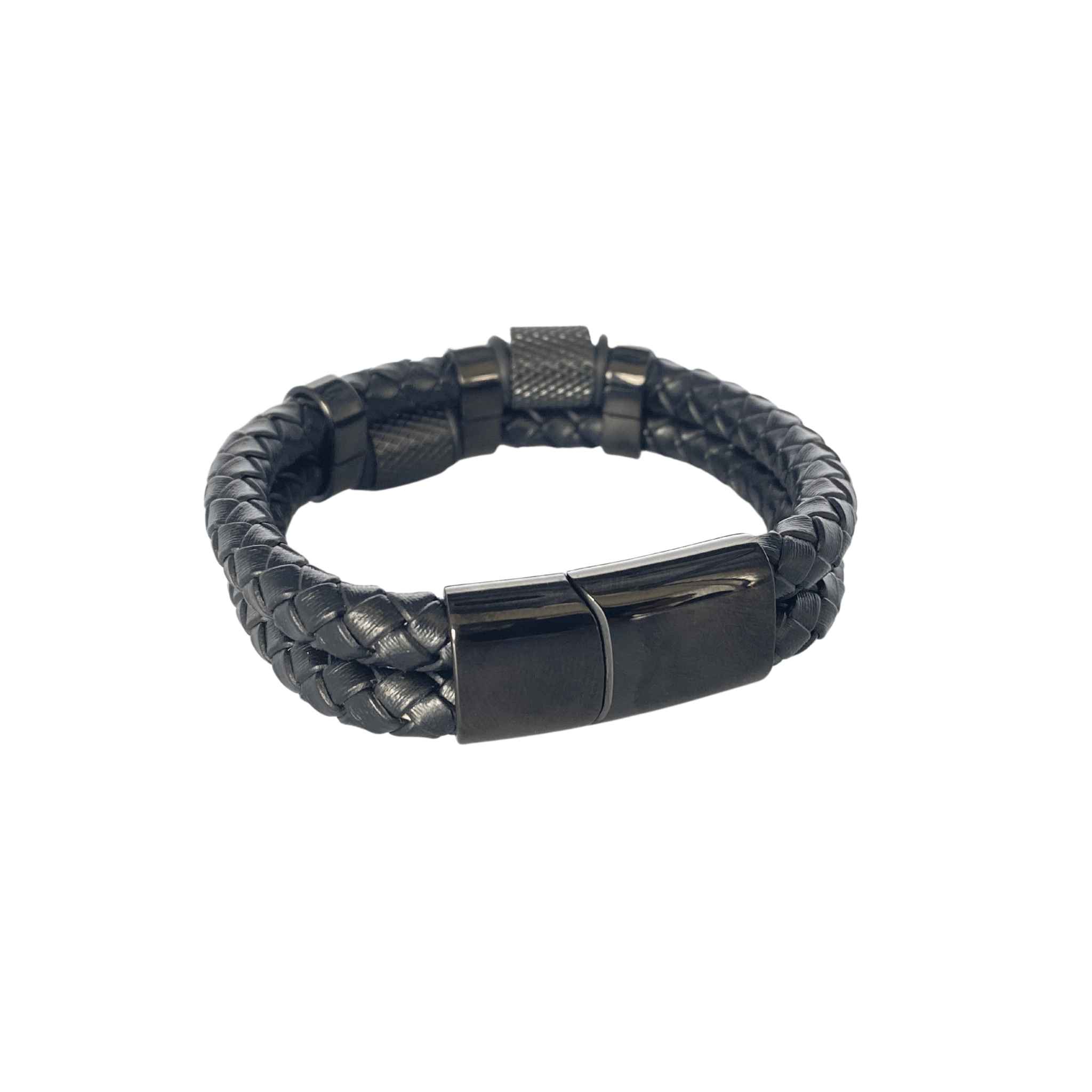 Side angle of the Unisex Braided Leather Cuff highlighting the stainless steel and leather craftsmanship.